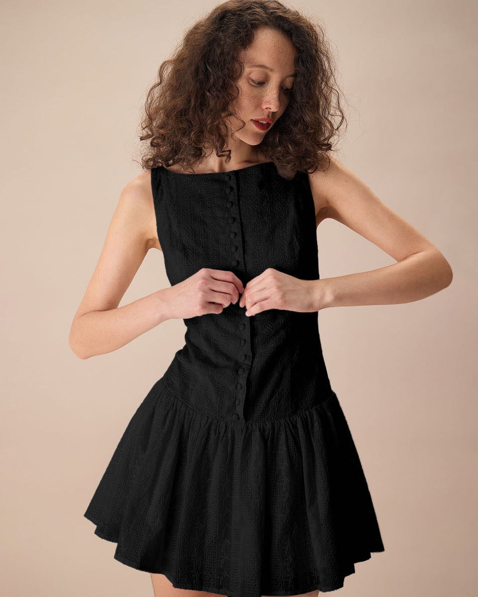 Women’s Black Boat Neck Jacquard Cotton Mini Dress & Reviews - Black - Dresses | RIHOAS - RIHOAS