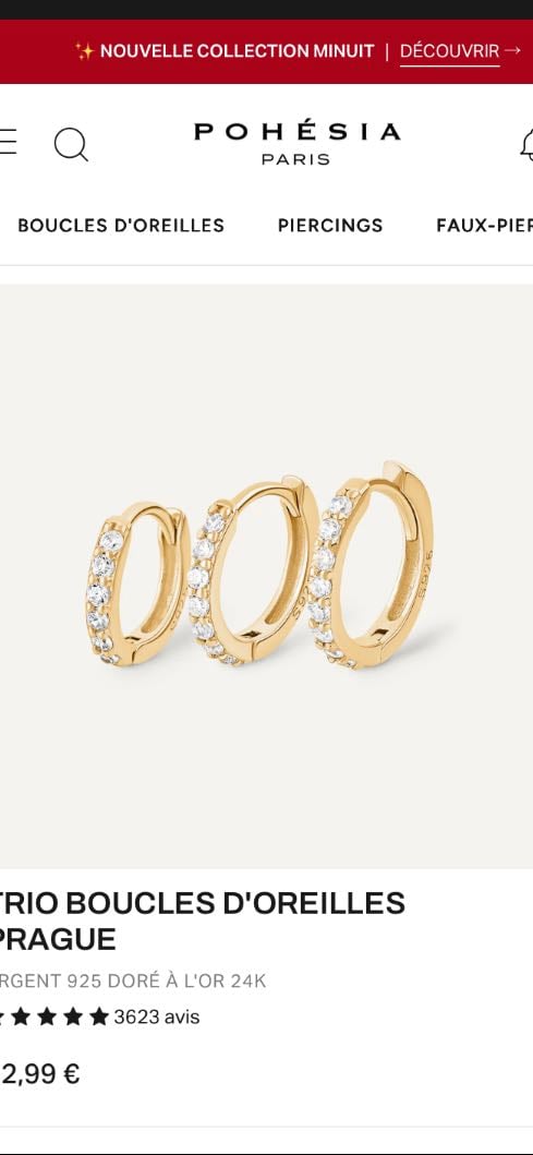 POHÉSIA - Trio Boucles d’oreilles Prague, or unité - 32,99€
