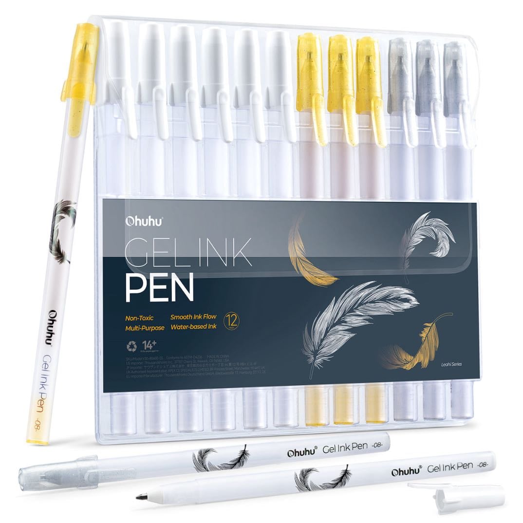 OHUHU - Gel Pens Gold, Silver, White 12 Pack - 11,95€