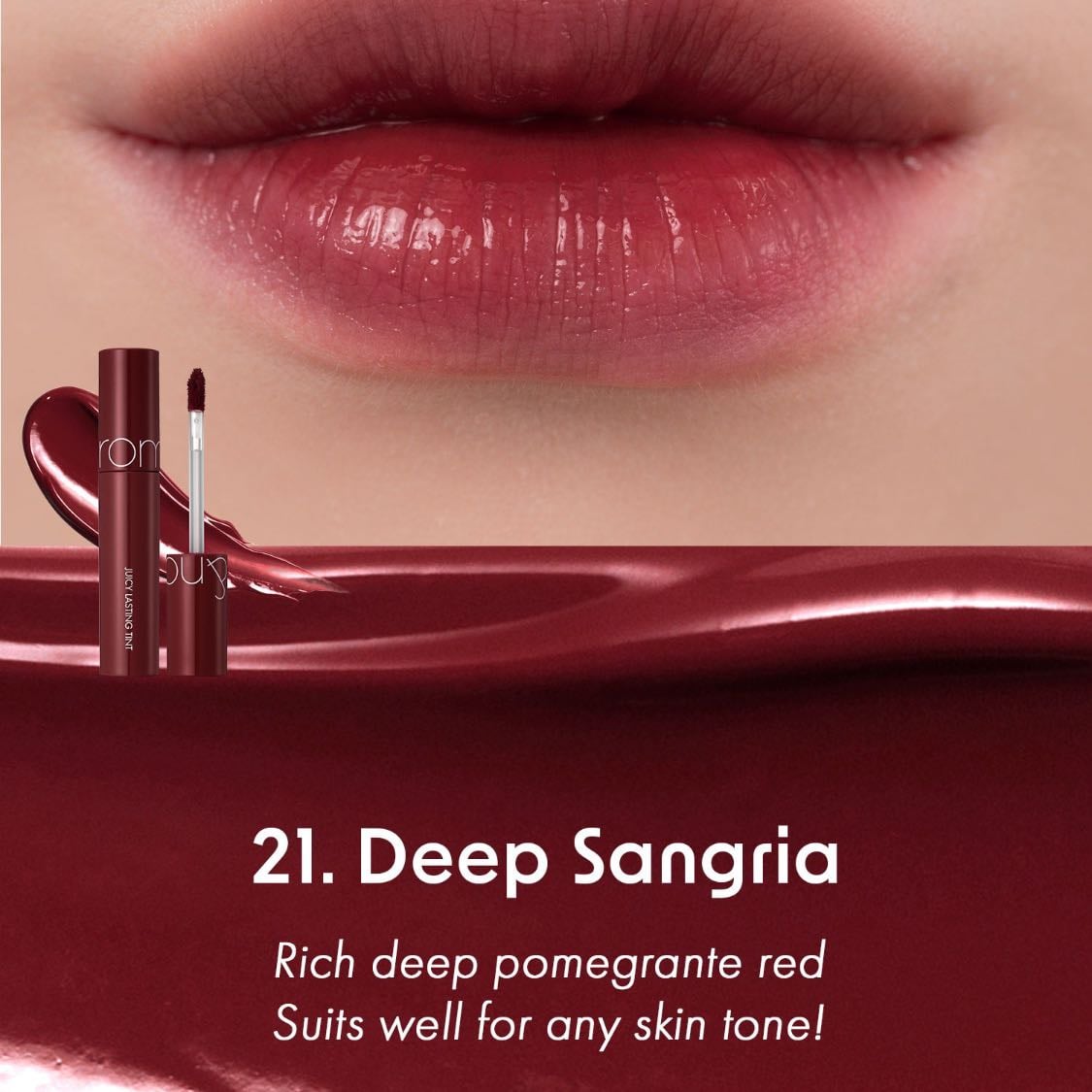 romand - juicy lasting tint - 21 deep sangria - $159 MXN
