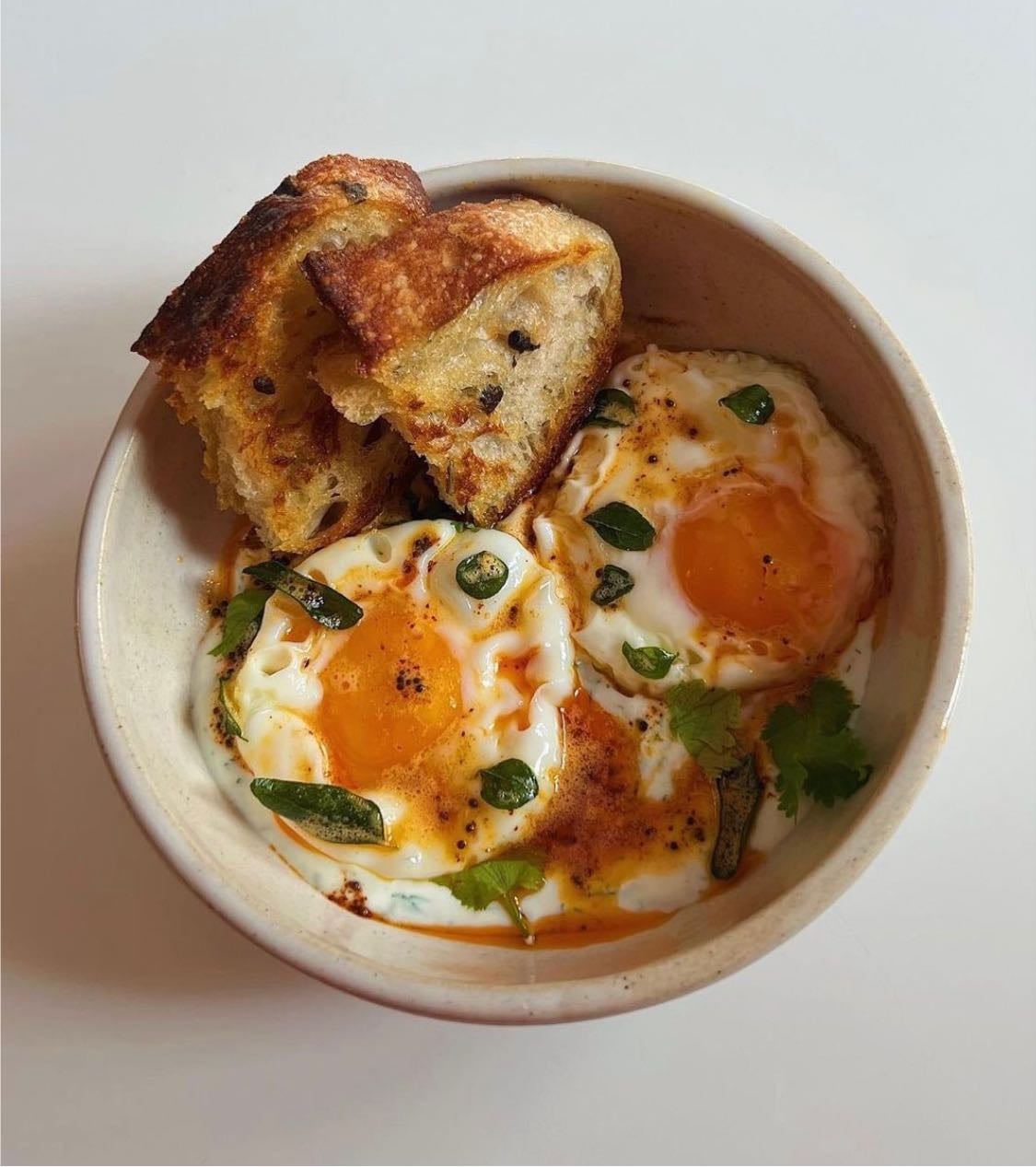 Turkish eggs with sourdough bread
