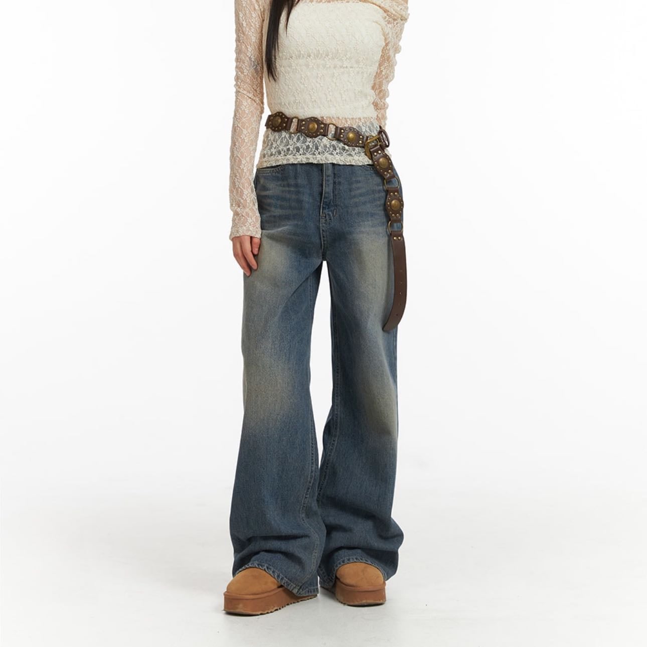 Lewkin Wide Leg Denim Trousers CJ415 - Dark Blue - $56 USD