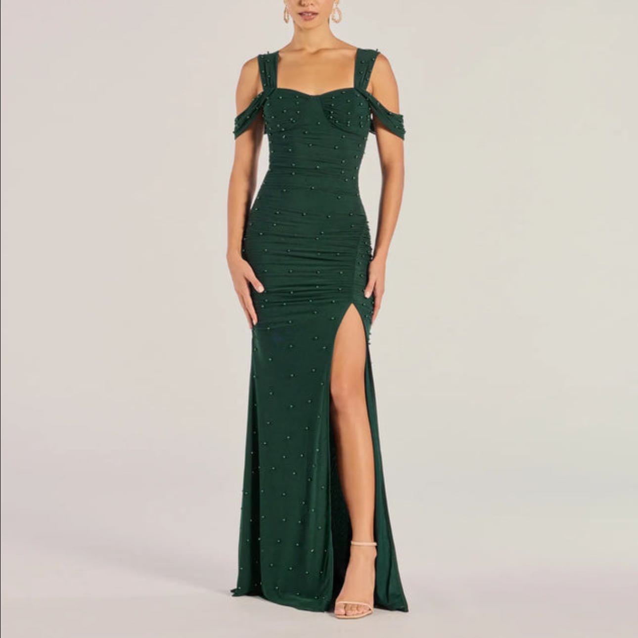 Windsor Fay Off The Shoulder Faux Pearl Mermaid Dress - Hunter - $79.90 USD