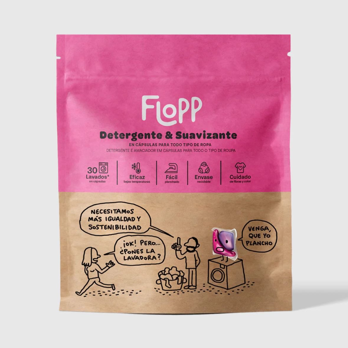 FLOPP DETERGENTE & SUAVIZANTE - Introduce 1 cápsula directamente en el tambor de tu lavadora. Añade la ropa sucia. Elige un programa sin prelavado.