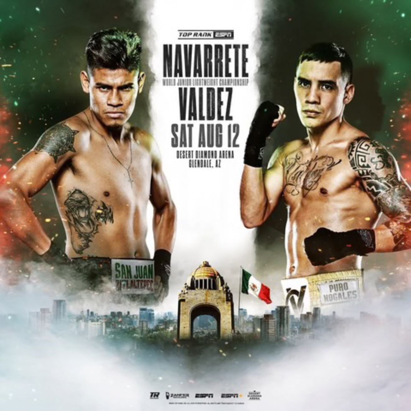 Navarrete vs. Valdez - Aug. 12, 2023
Great first round for champ. Valdez still looks good though and catches him with some good shots. Navarrete hurts hand at some point and doesn't use it in 9th. Amazing 10th round with both guys trading despite the injured hand and a swollen eye (Valdez). Navarrete turns it on in the final two rounds to prevail