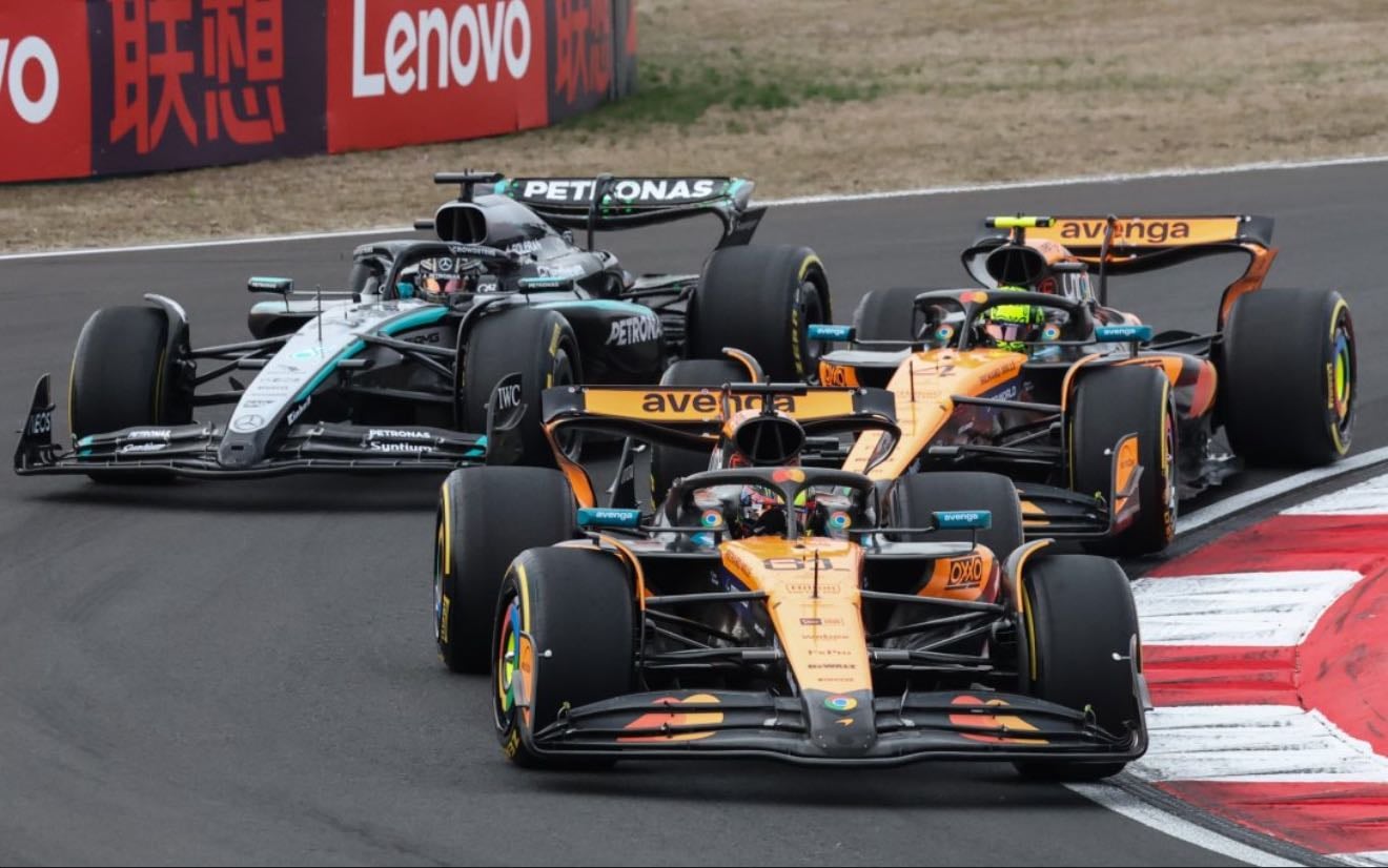 Chinese Grand Prix - Pretty mid race with McLaren teammates finishing where they started. Russell finished 3rd. It was Oscar's first pole. Both Ferrari's were later disqualified