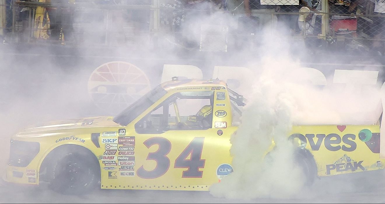 Bristol 2 - Layne spins on first lap but has no damage and comes back to win with fastest truck. Heim swept stages. Riggs led every lap in final stage with no yellows