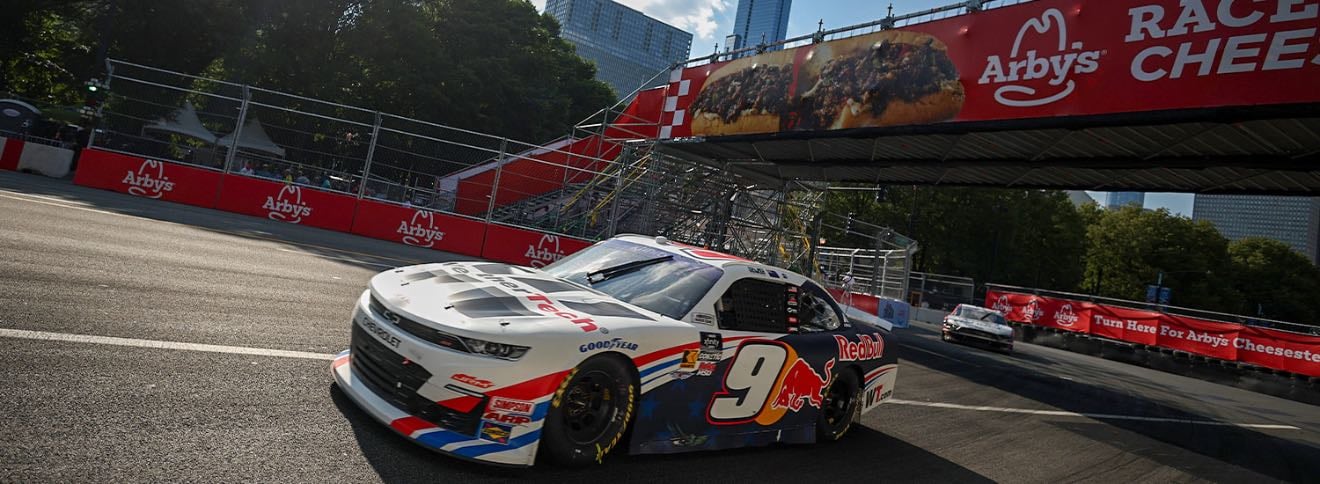 Chicago - Short race, not many challenges for SVG with no other Cup drivers in field. Zilisch and him do have battle for lead at end with SVG rubbing him into wall