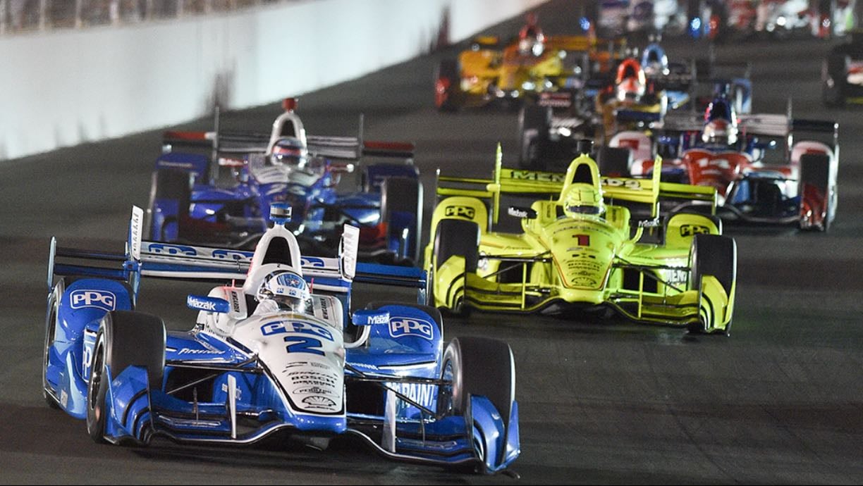 Gateway - Fresh repave, TK spun on pace lap. Power spun lap 2 and took out Sato and EC. Teammates Josef and Simon touched wheels late. Dixon around Simon, P2