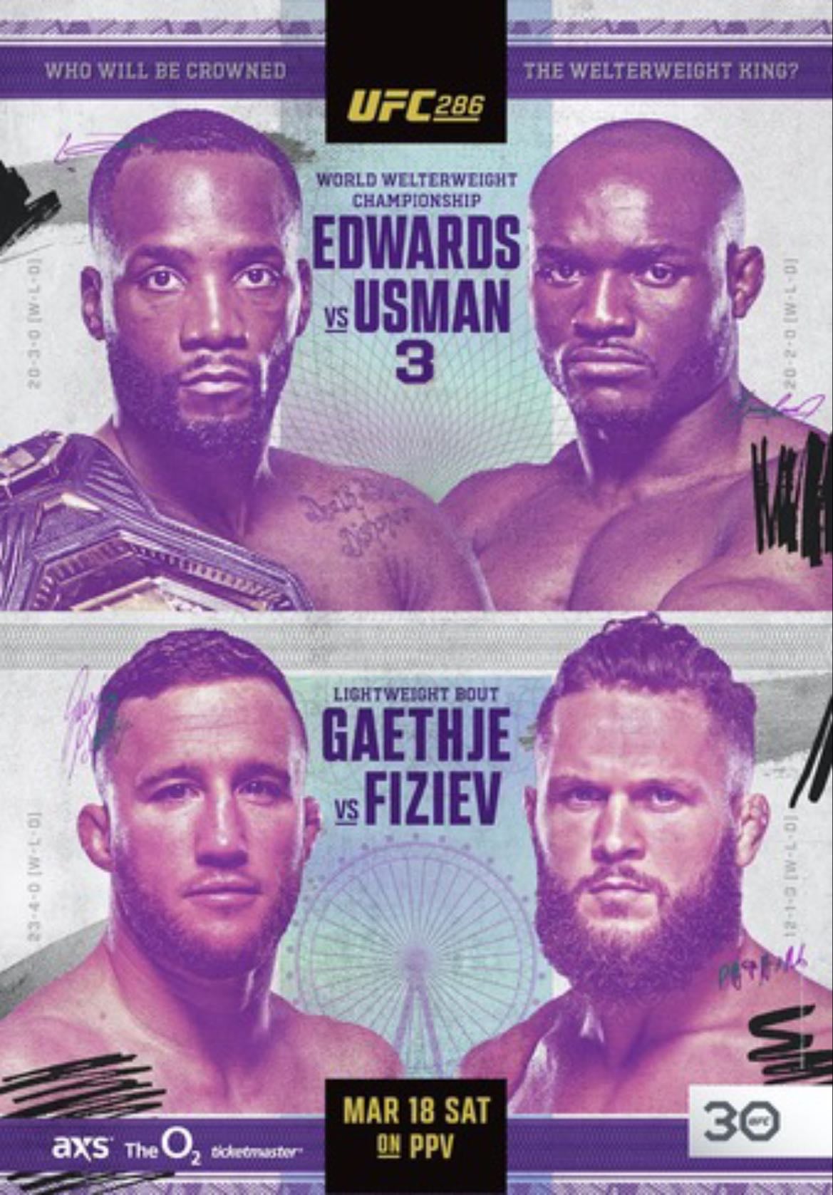 UFC 286: Edwards vs. Usman 3 - Edwards-Usman
Gaethje-Fiziev
Nelson-Barberena
Maia-Casey
Vettori-Dolidze