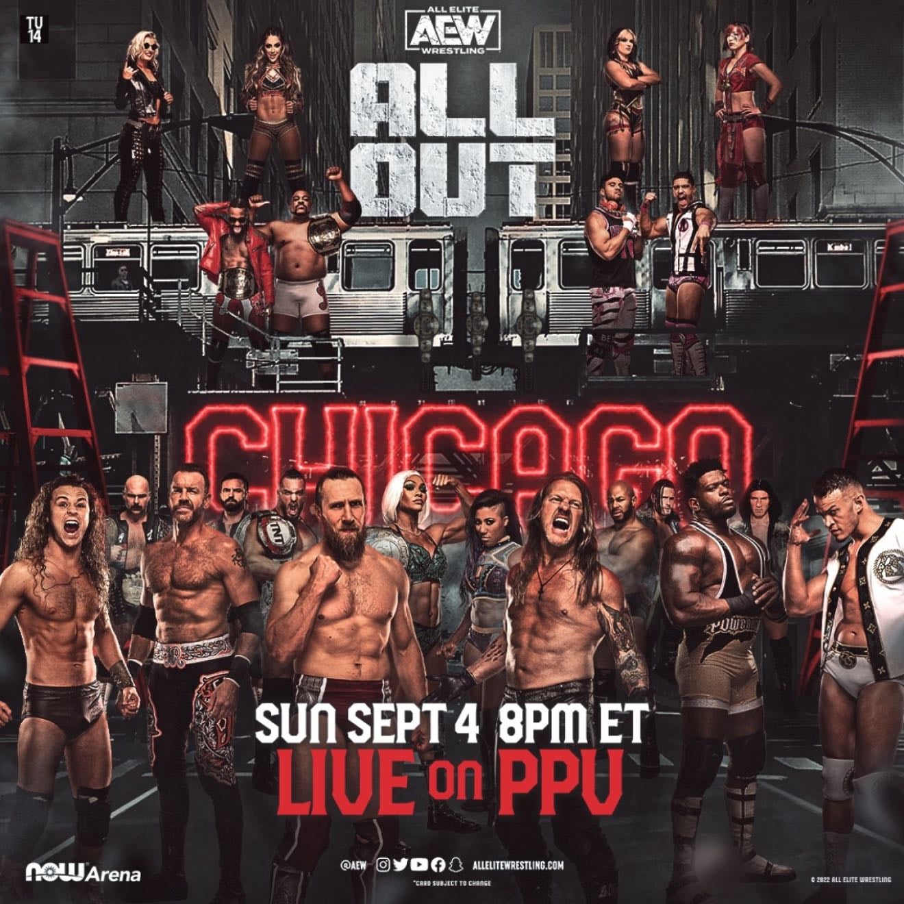 All Out 2022 - Punk-Mox
Darby/Miro/Sting-House of Black
Jericho-Danielson
Christian-Perry
Storm-Baker-Shida-Hayter
Swerve In Our Glory-Acclaimed
Hobbs-Starks
FTR/Wardlow-Machine Guns/Lethal
Cargill-Athena
Elite-Hangman/Dark Order
Casino Ladder Match