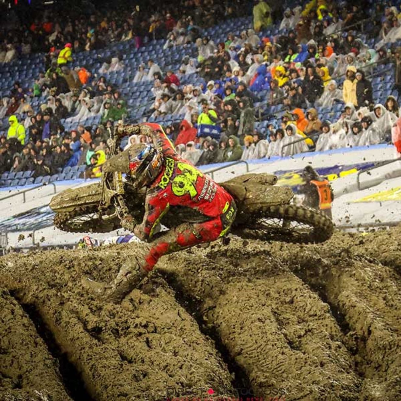 Foxborough - Mud race. Plessinger won by huge margin over McElrath who earned first podium. Sexton has issue. Webb passed him and Roczen late to get podium spot