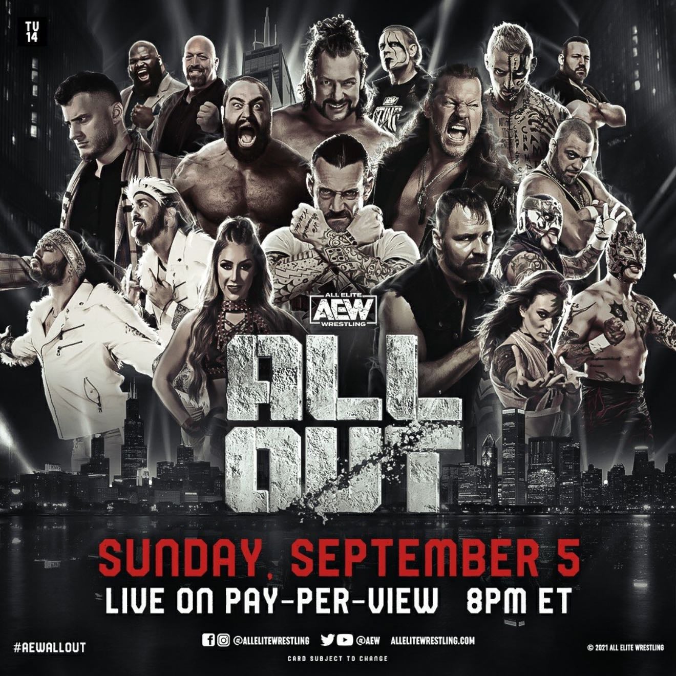 All Out 2021 - Bucks-Lucha classic
Omega-Christian
Wight-Marshall
Punk-Darby
Jericho-MJF
Casino Battle Royale
Baker-Statlander
Mox-Kojima
Miro-Kingston