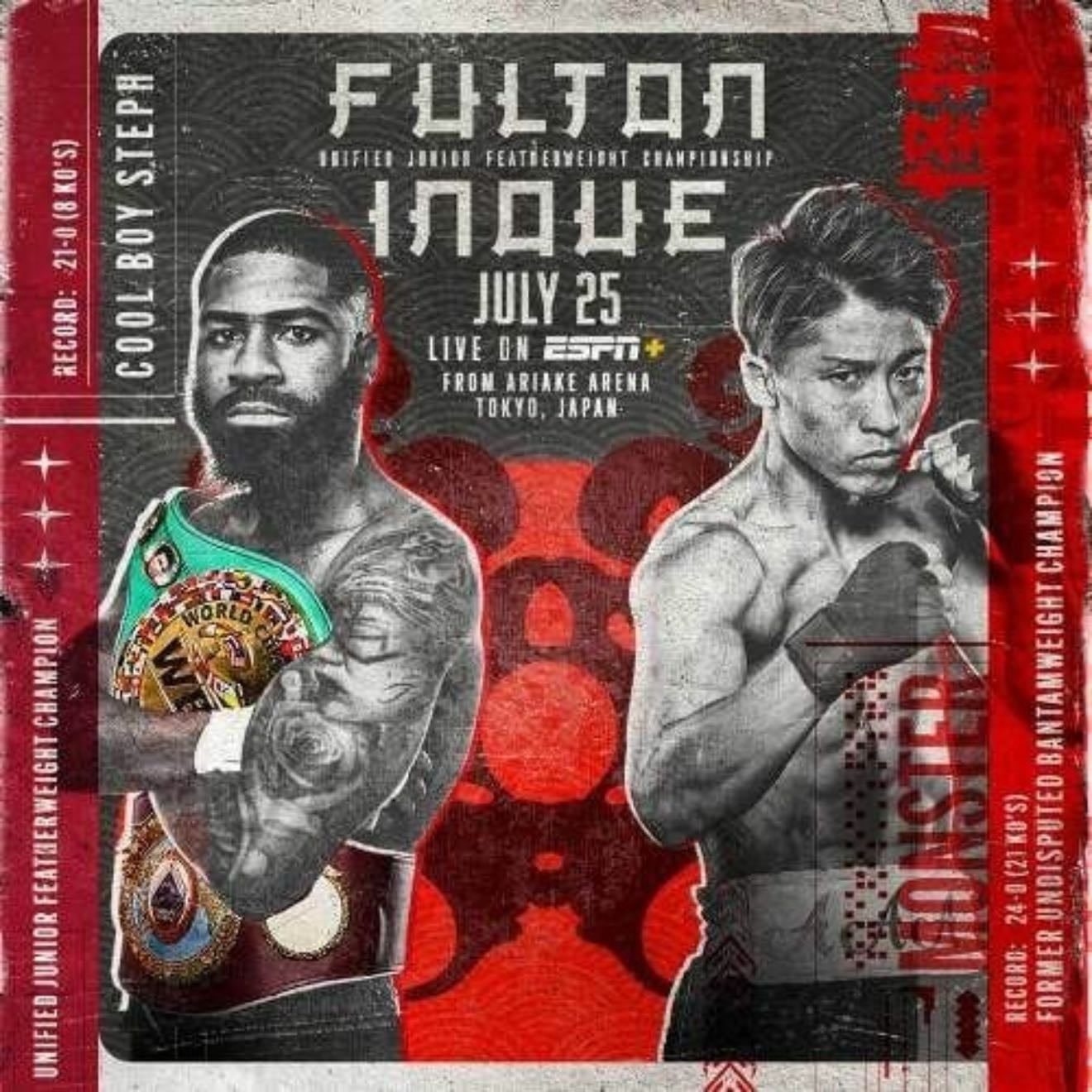 Fulton vs. Inoue - July 25, 2023
Inoue outclassed Fulton winning every round. Fulton was hesitant and afraid of attacking to open himself to counters. Masterful performance and Inoue finishes with knocking down Fulton then seconds later completes the TKO