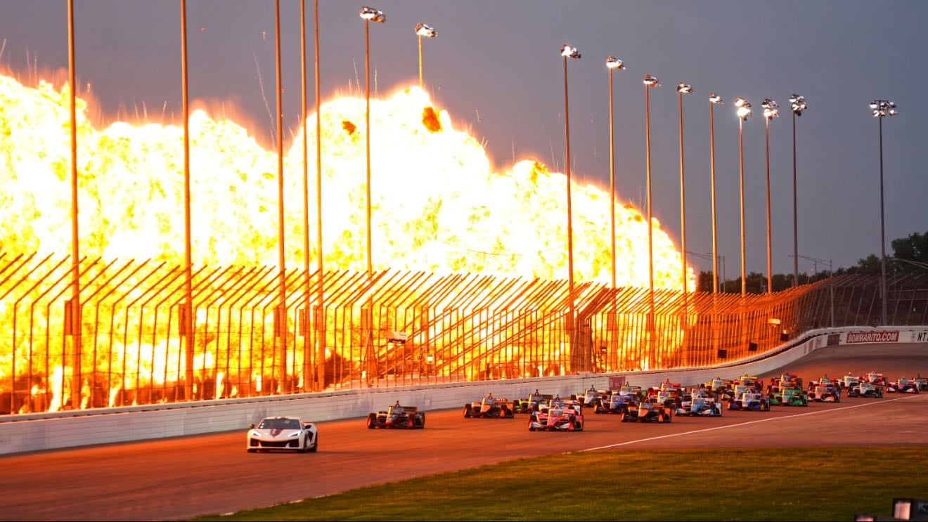 Gateway - Kirkwood's first oval win holding off Pato and Ras. Other in front had to pit. Big wreck by Josef who was leading. All Penske cars retired