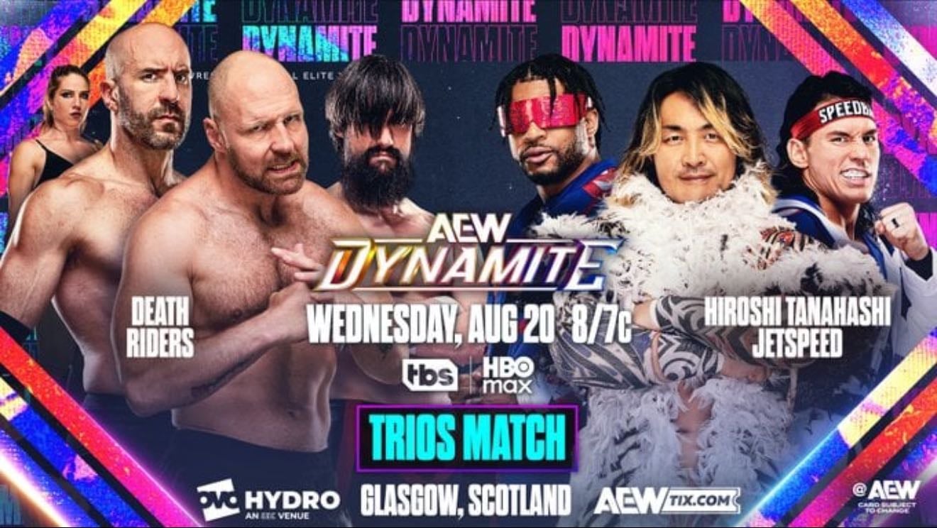 Dynamite 8/20/25 - Danielson commentary
Ospreay promo
Match: Tanahashi/JetSpeed-Death Riders
Cope/Christian interview, Luchasaurus return
Match: Brodido-FTR
Hangman-MJF scene
Hangman looks for Max
Main Event: Mercedes/Athena-Storm/Windsor