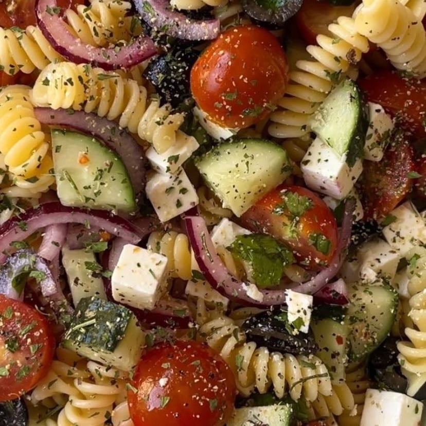 Mediterranean salad - Pasta, tomato, red onion, cucumber and feta cheese