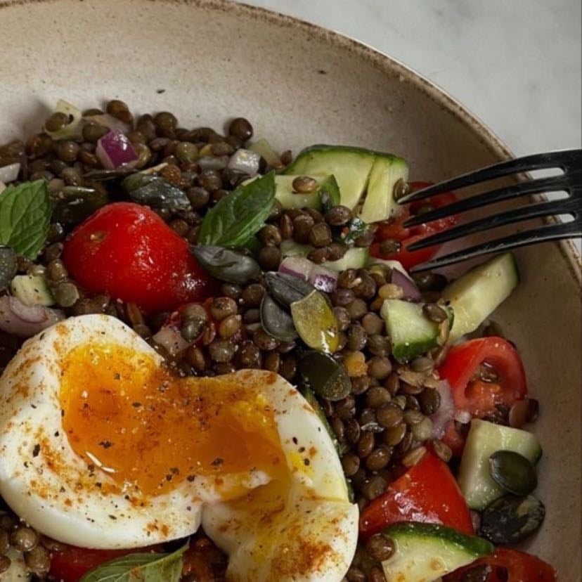 Lentil salad - Cooked lentils, cucumber, tomato, avocado and some protein