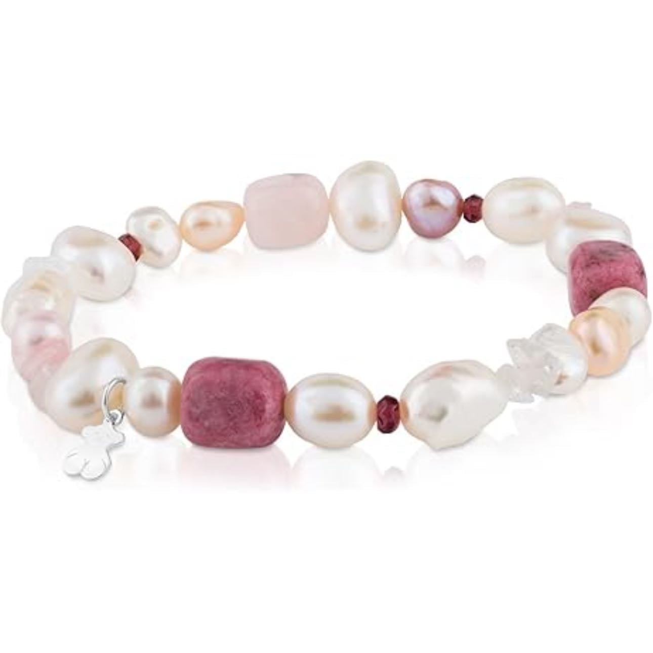 TOUS Pulsera de Perlas, Granate, Rodonita y Cuarzo para Mujer con Motivo de Oso en Plata de Primera Ley, 17,5 cm de Largo, Elegante y Clásica, Colección Pearl - $1300