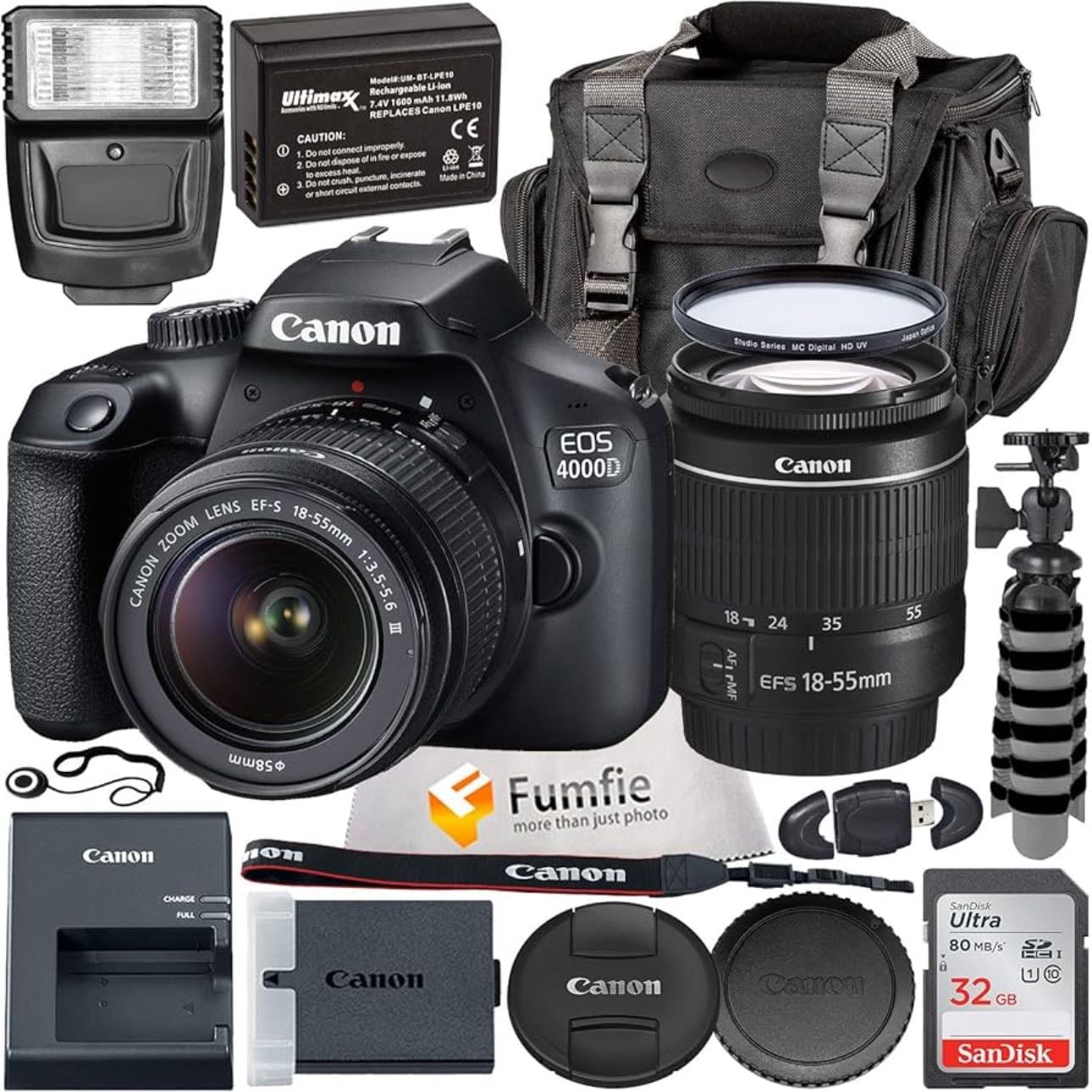 Cámara Canon EOS 4000D con lente EF-S 18-55mm f/3.5-5.6 III con accesorio profesional. Incluye: Batería de repuesto LPE10, flash esclavo, bolsa grande para dispositivos con hebillas dobles y mucho más - $13950