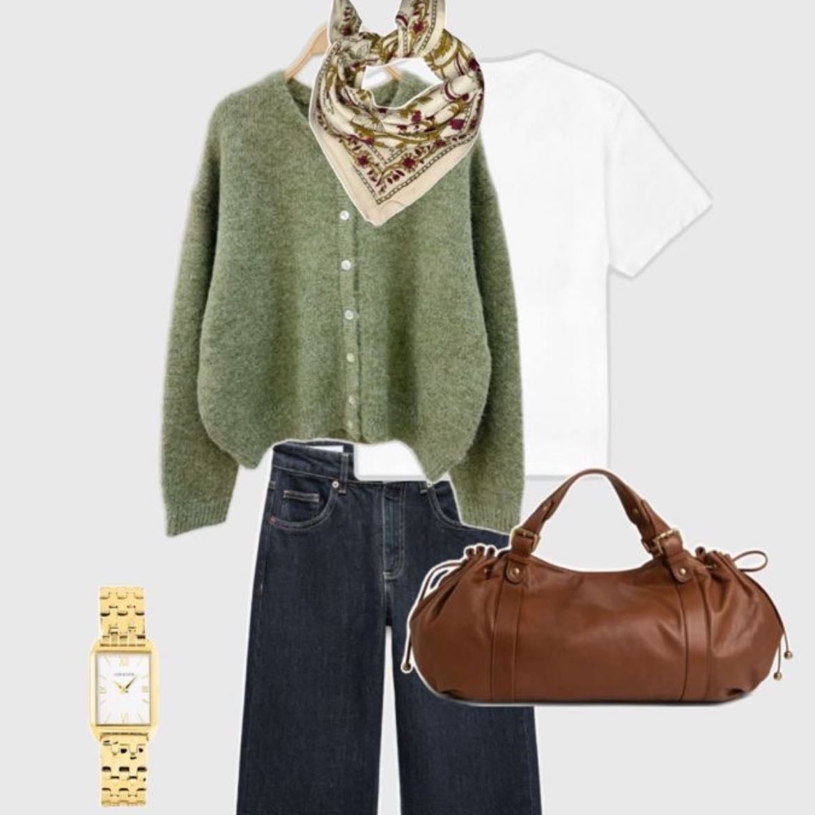 green sweater fit - White tee, blue jeans, black samba