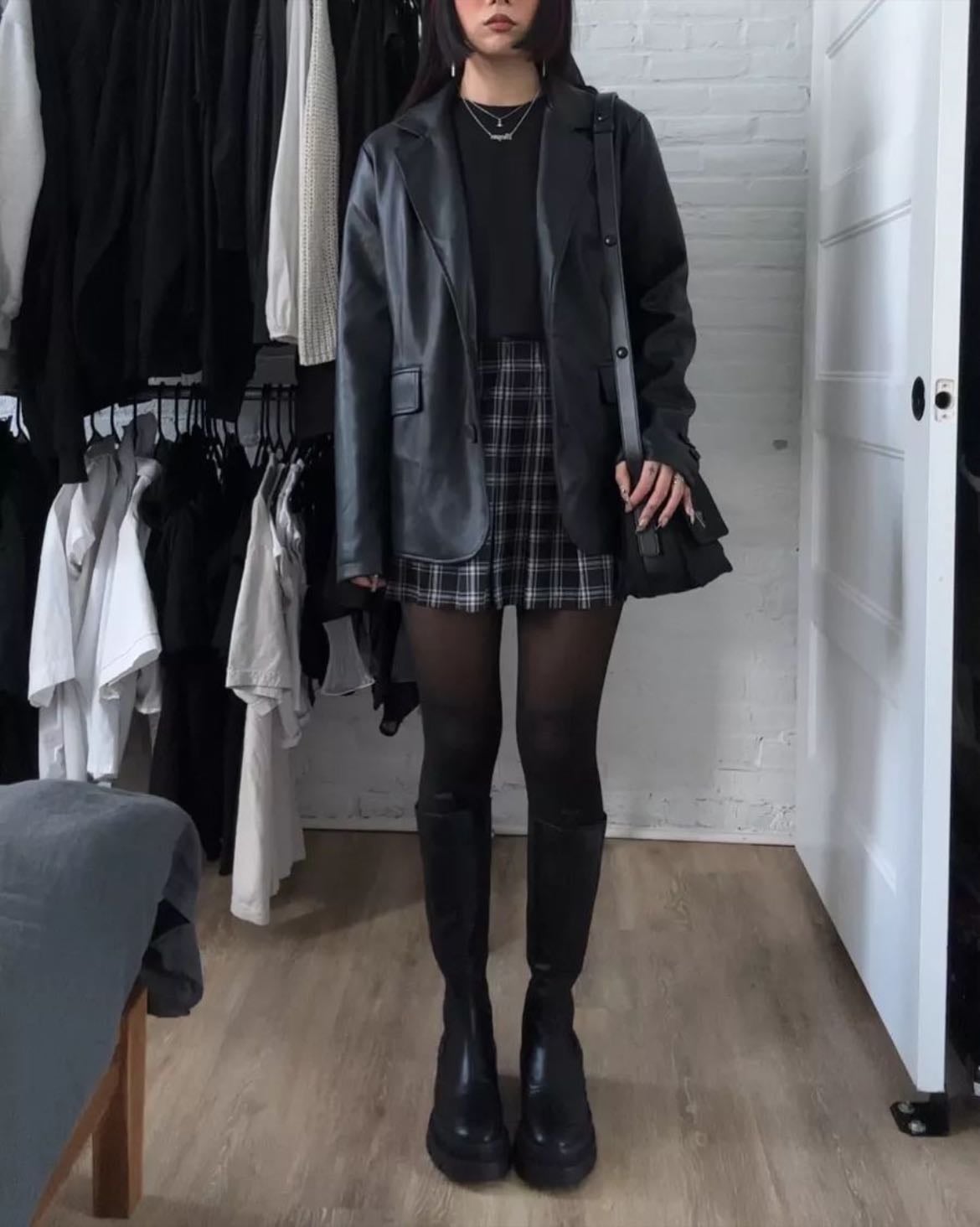 short skirt + leather jacket