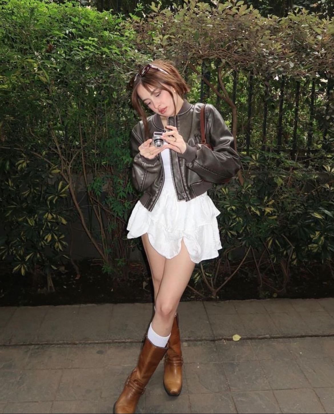 dress + leather jacket