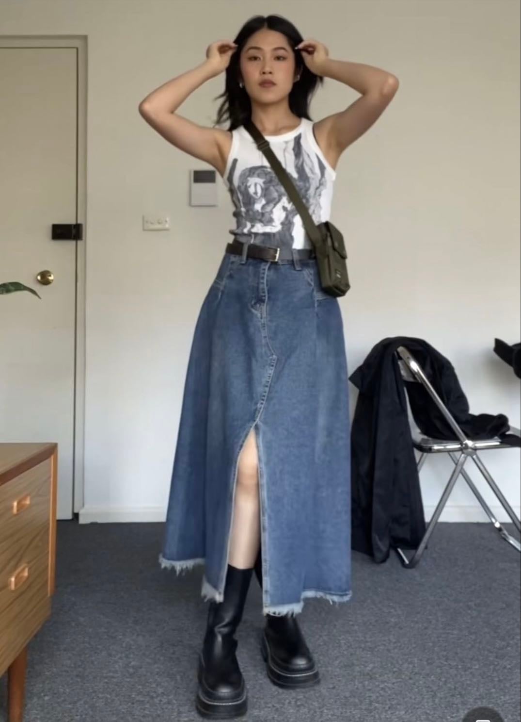 tank top + denim skirt