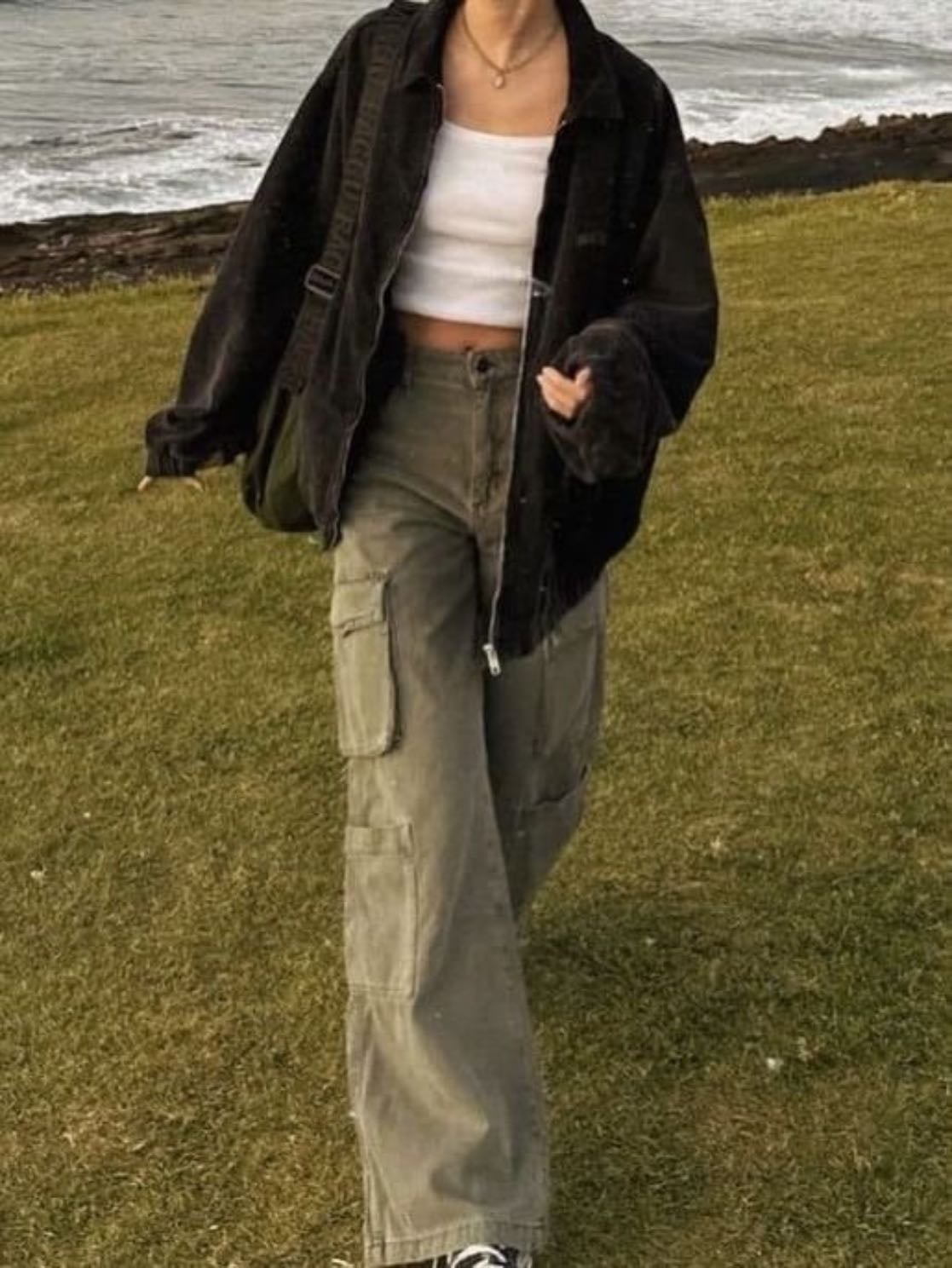 cargo pants + leather jacket