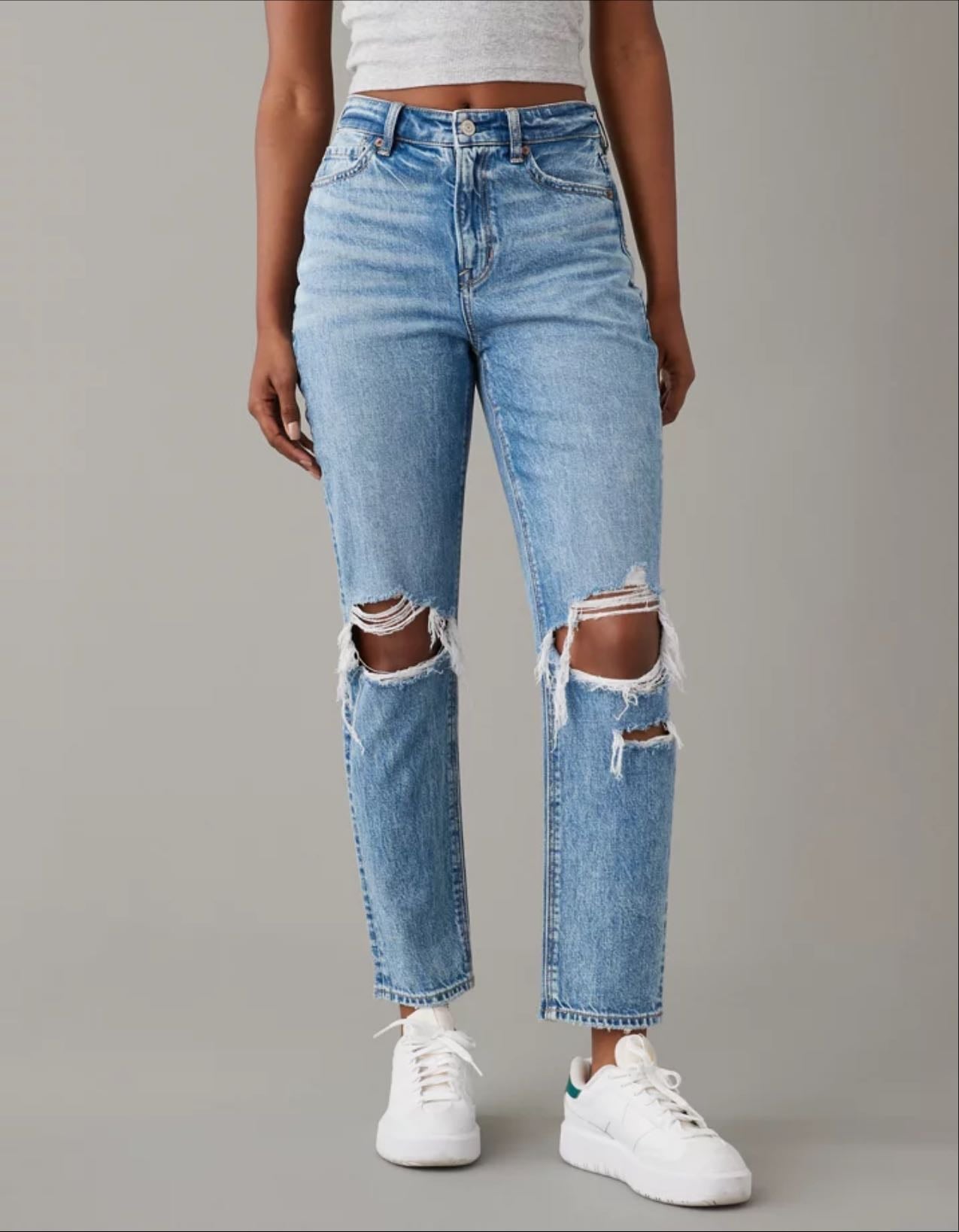 AE Strigid Ripped Mom Jean - out blue