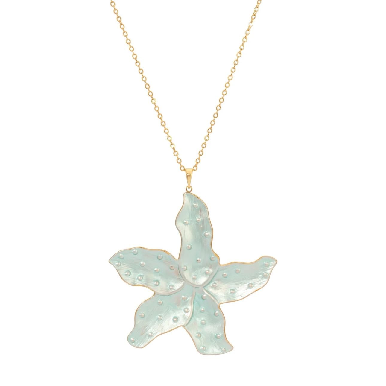 Aqua Starfish Necklace (reversible) - gold, 18’’ - $50