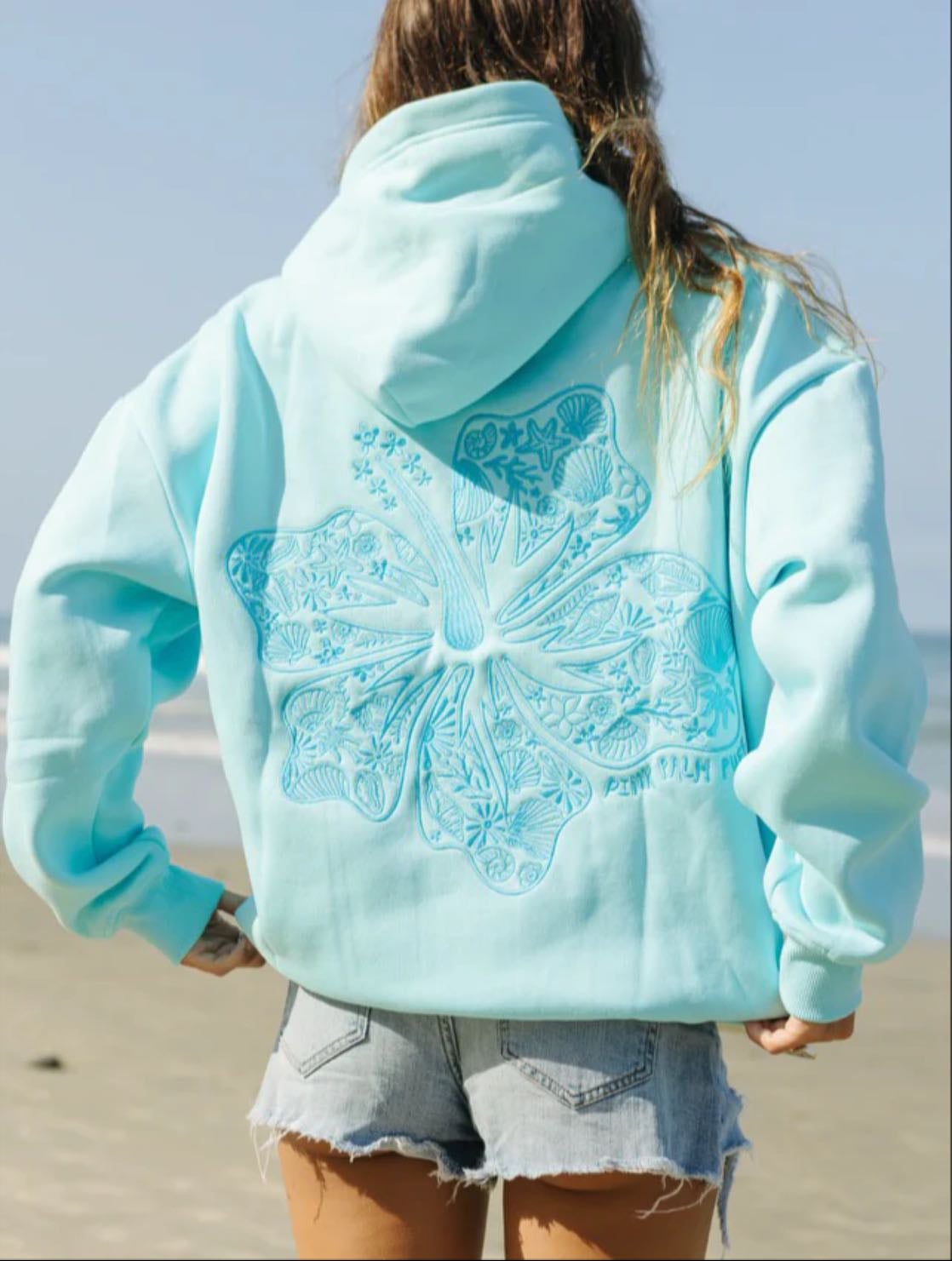 pink palm puff hawaii hibiscus hoodie in aquamarine