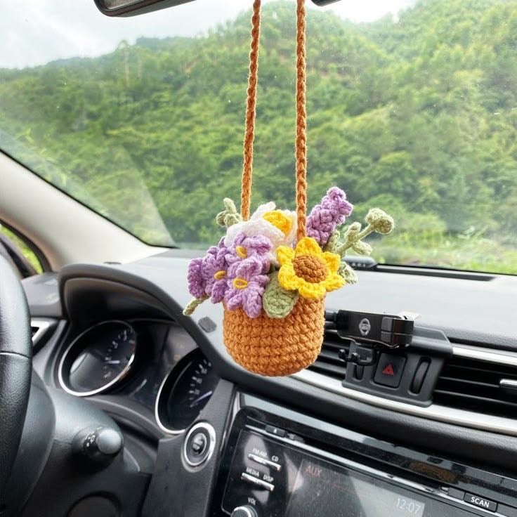 crochet flower car rearview charm - Pinterest