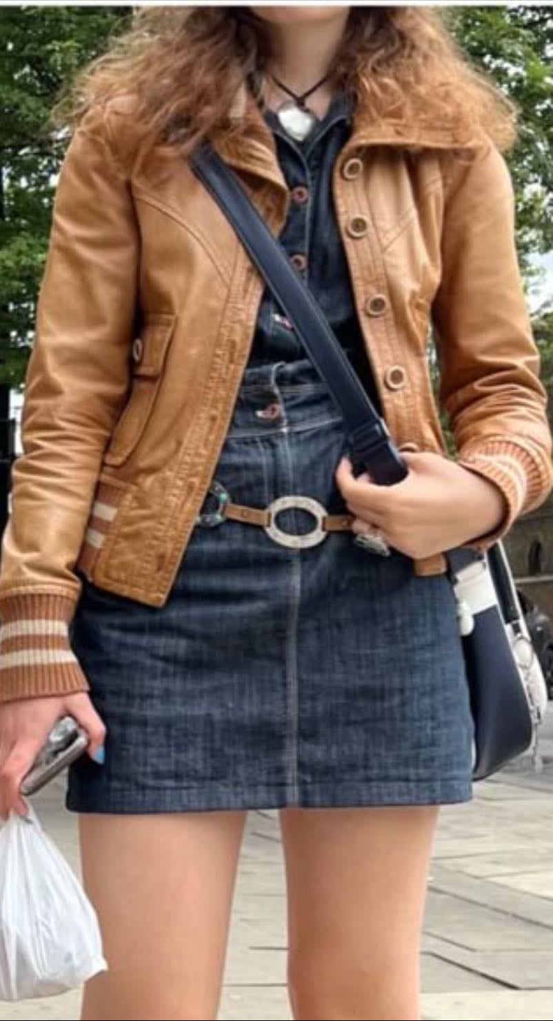 denim dress, matching jacket + knee-high boots