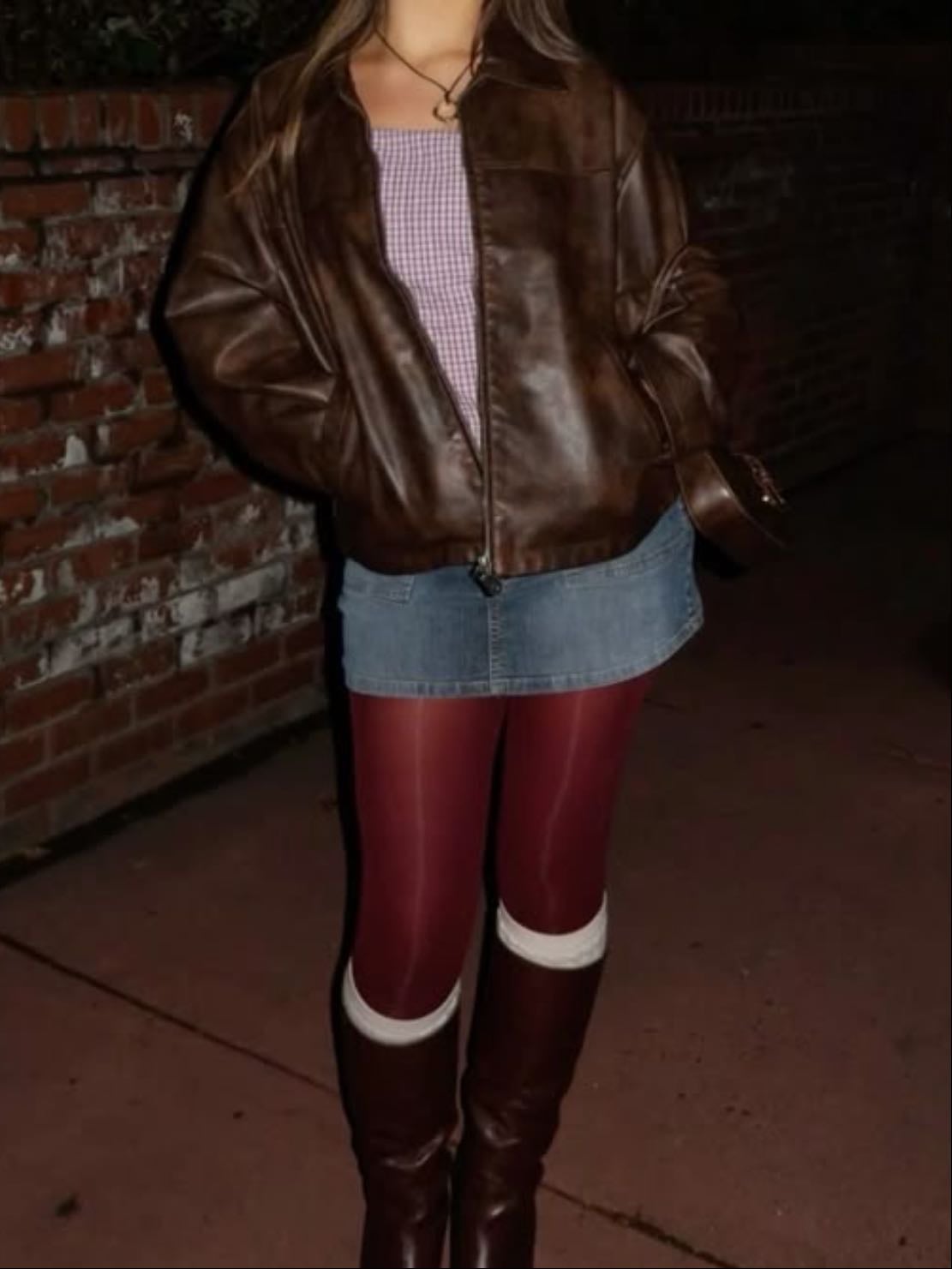denim skirt + leather bomber, colored tights