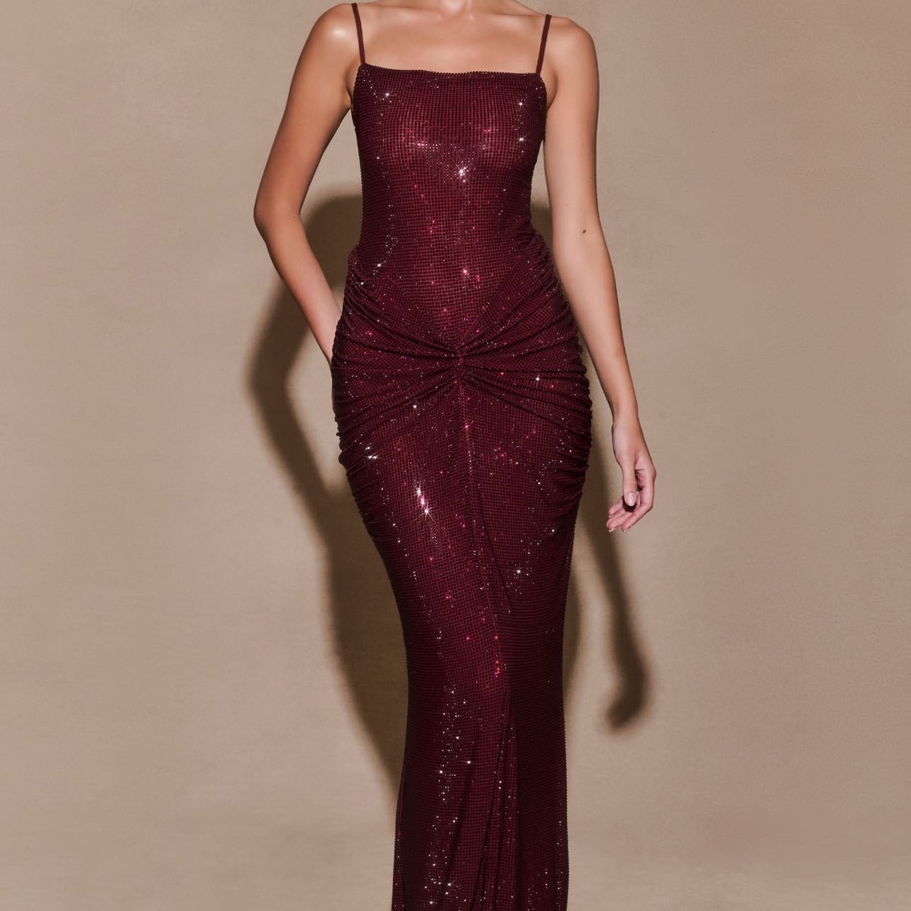 Roisin Diamante Satin Maxi Dress Mahogany - $249