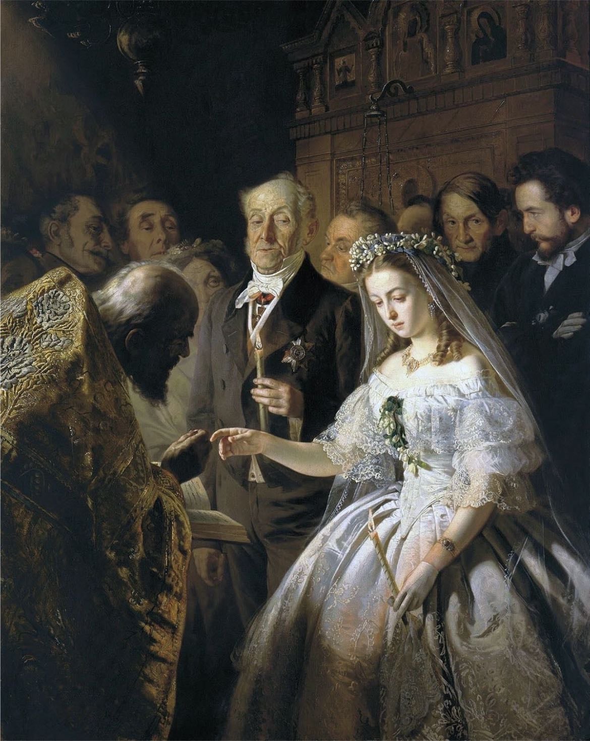 O casamento desigual - A pintura revela o conflito entre aparĂȘncia e verdade, entre o ritual social e o sentimento humano.
O brilho do vestido contrasta com a palidez da noiva, como se a pureza fosse sacrificada em nome das convençÔes.
O olhar vazio da jovem Ă© o eco daquilo que Ă© imposto e nĂŁo escolhido â a perda da liberdade sob o peso da tradição.
âEla se casa com o silĂȘncio, nĂŁo com o homem.â