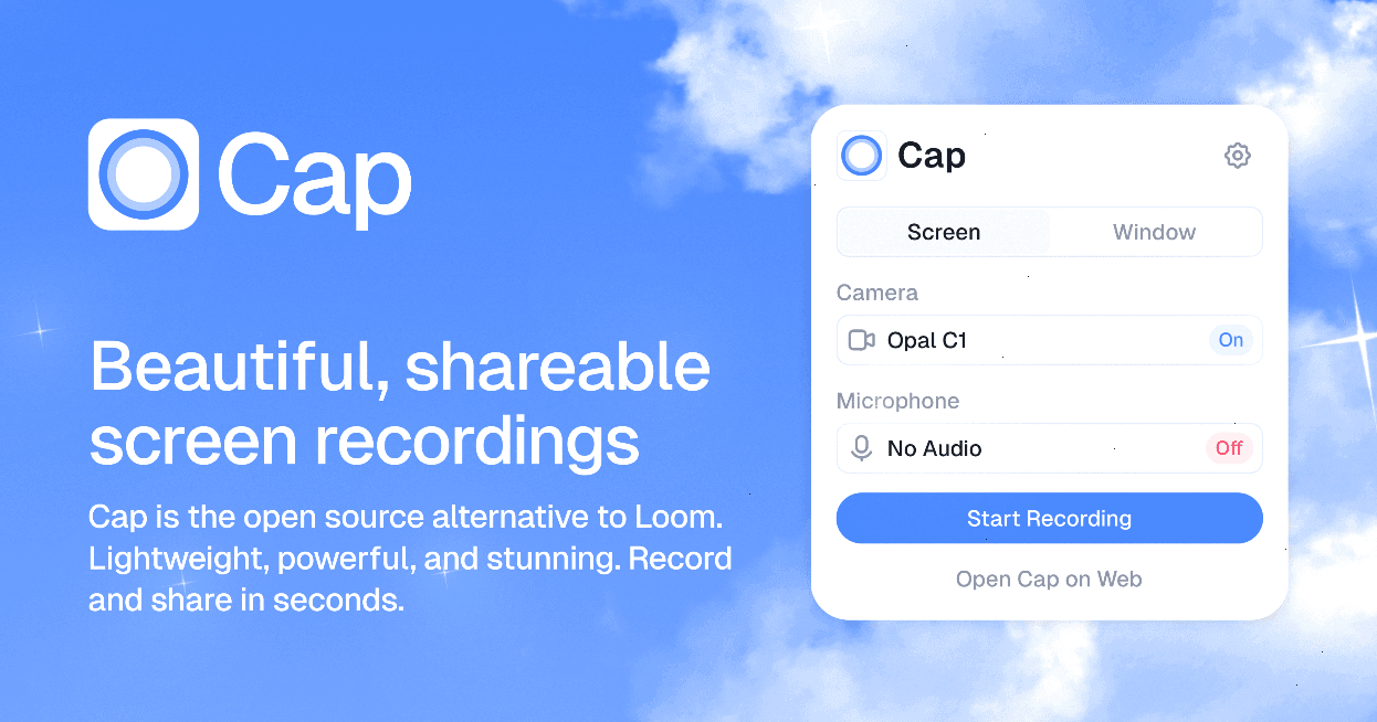 Cap — Beautiful screen recordings, owned by you. - Cap is the open source alternative to Loom. Lightweight, powerful, and cross-platform. Record and share in seconds.