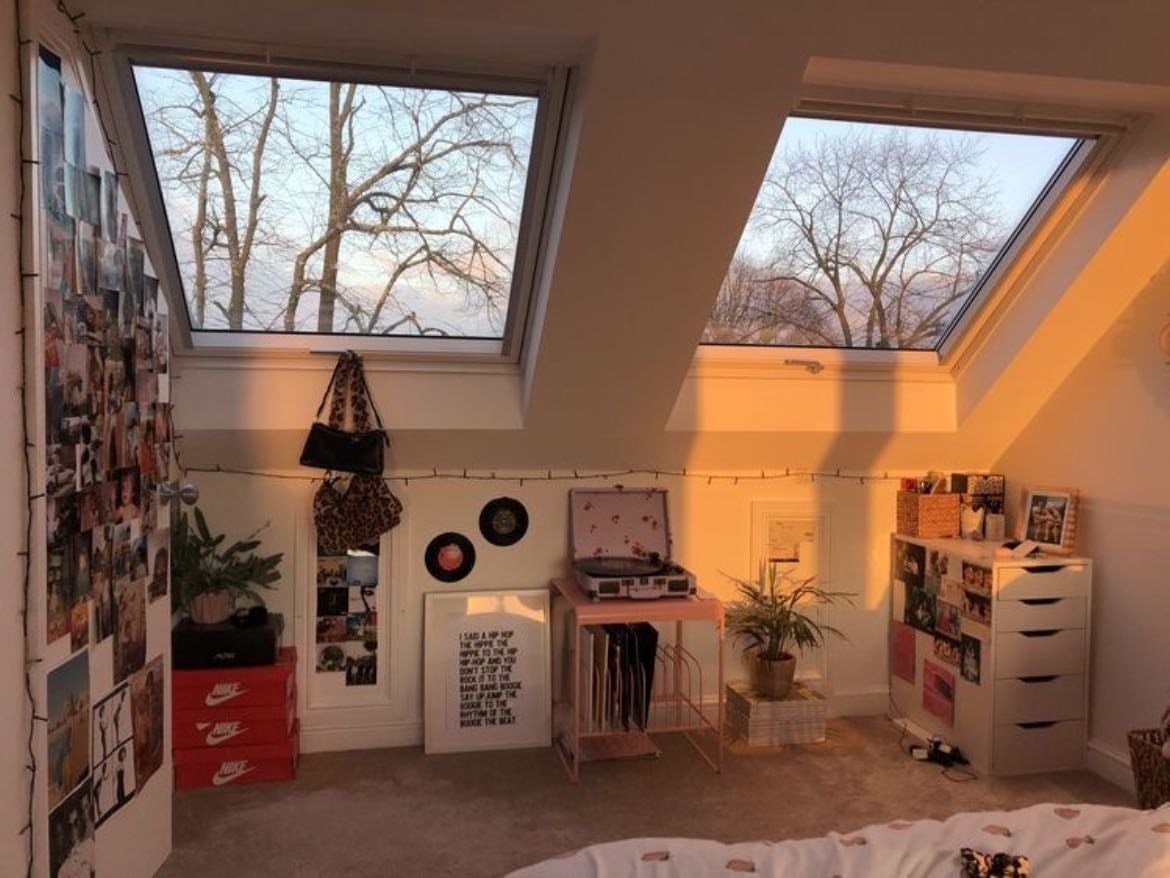 slanted roof with windows