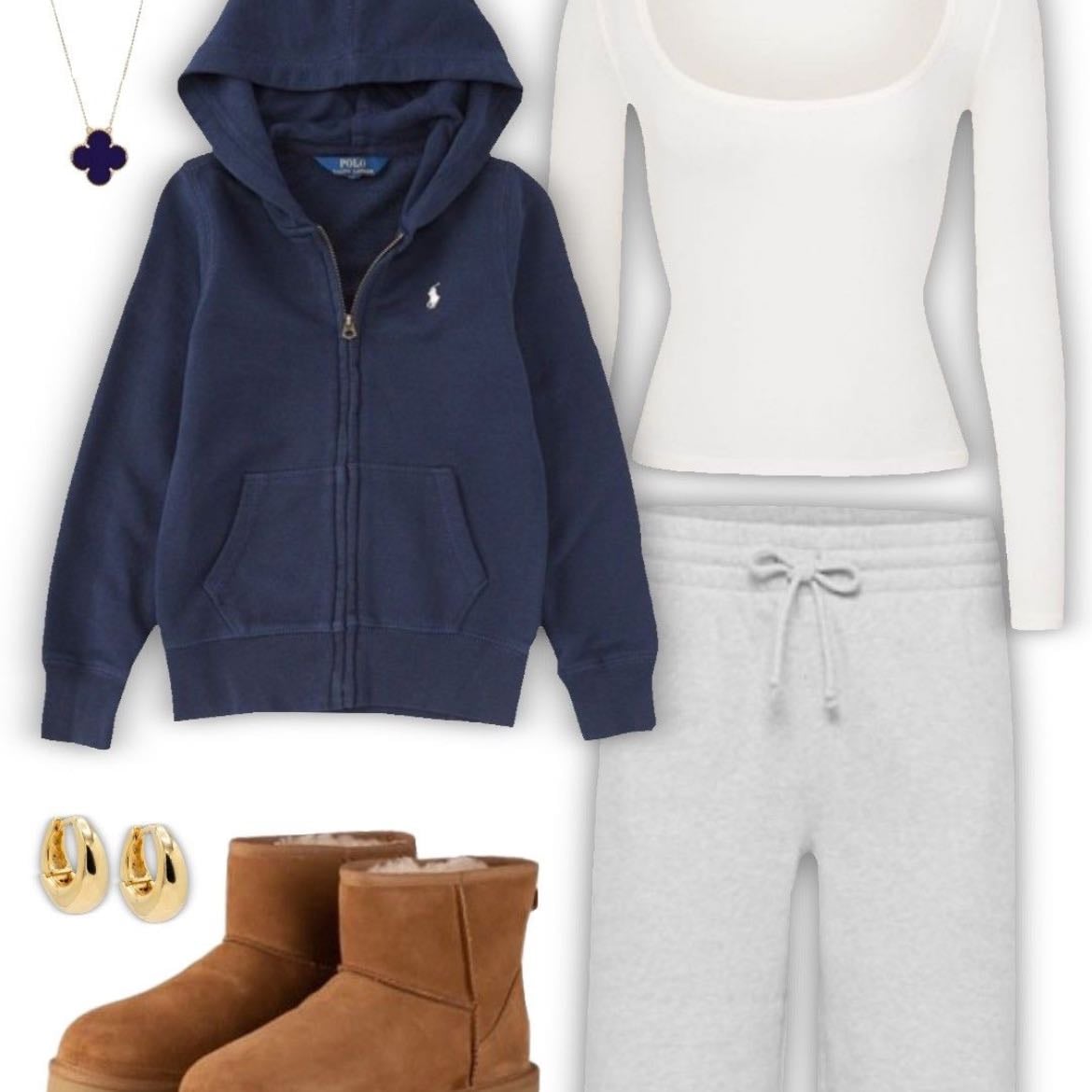 ☆ - pants grises, playera de manga larga, sudadera azul y uggs
