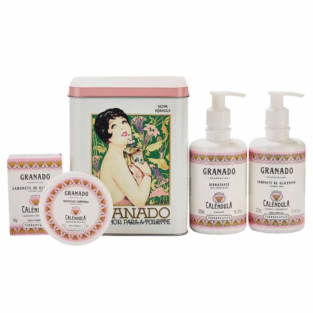 kit/produtos da - Granado Terapeutics - essa linha de cuidado pessoal que mistura ingredientes naturais (calêndula, chá branco, castanha do brasil…) com a proposta de auto cuidado e conforto.