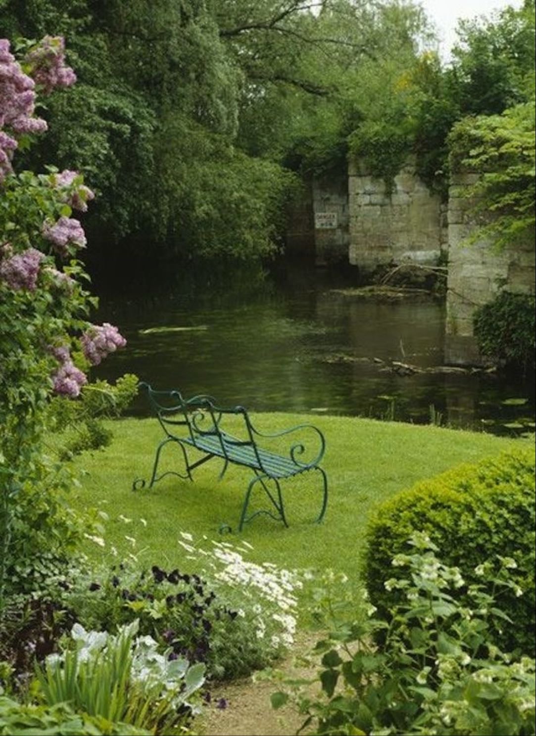 pond with a bench
