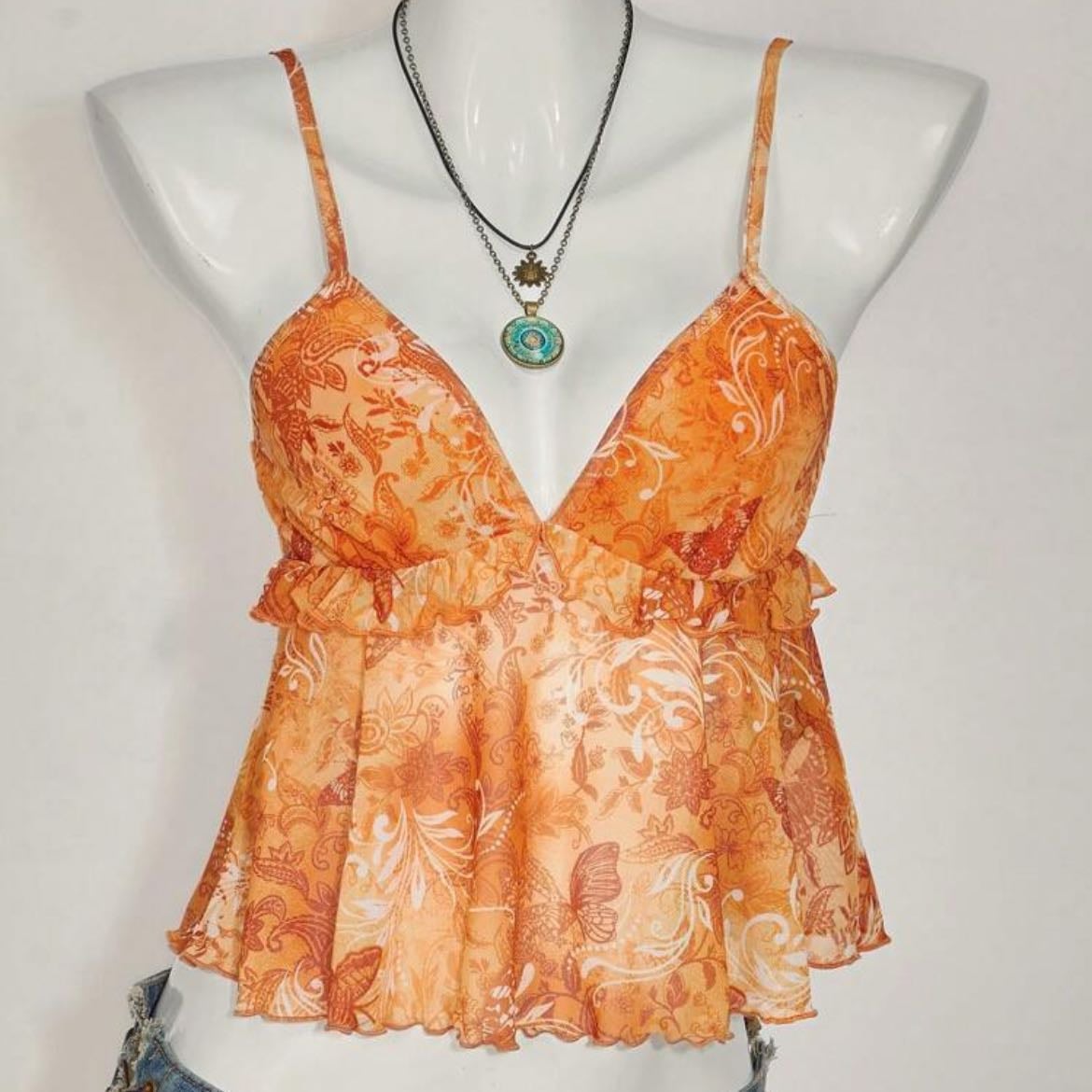 SHEIN ICON Regata com Estampa de Planta e Bainha com Babado para Mulheres, Ideal para Féri - SHEIN