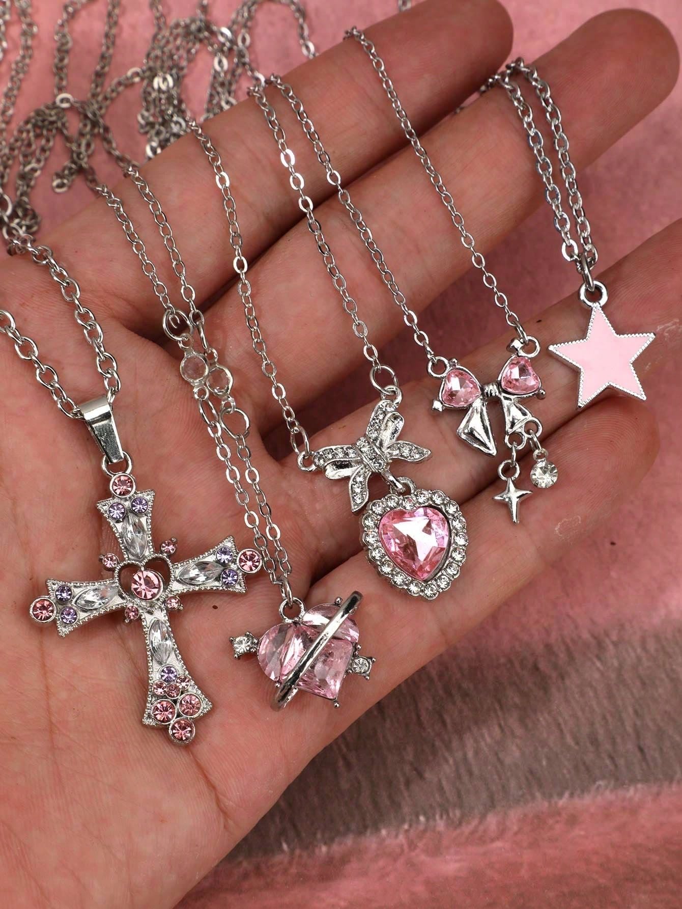 5 peças/Conjunto de Colares Decorativos em Formato de Coração de Cristal, Cruz, Borboleta, Coração, Laço em Estrela no Estilo Y2K, Conjunto de Colares Choker Brilhantes da Moda K-pop para Mulheres, Meninas, Presente de Dia dos Namorados, Joias de Festa do Dia dos Namorados, Mãe, Dia das Mães, Presente - SHEIN