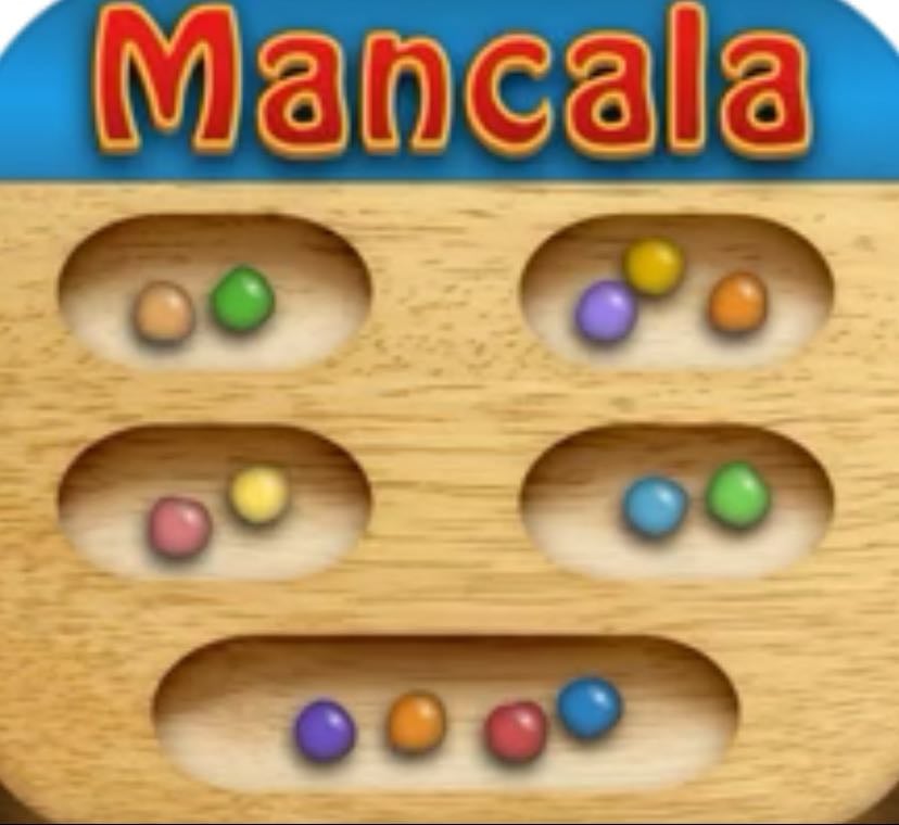 mancala - pick up marbles from any of bottom holes and move them counter-clockwise. if your move ends at your home hole (right one) you can move again. the game ends when all six holes on either side are empty. the winner is the player with the most marbles in home hole.