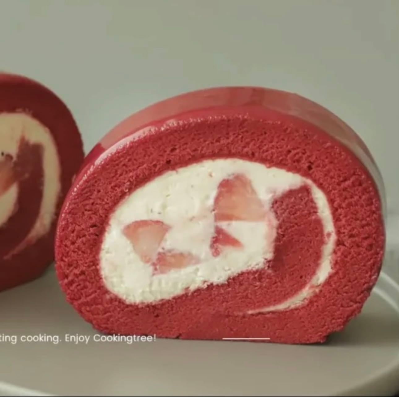 Red Velvet Strawberry Roll Cake - By Cooking Tree