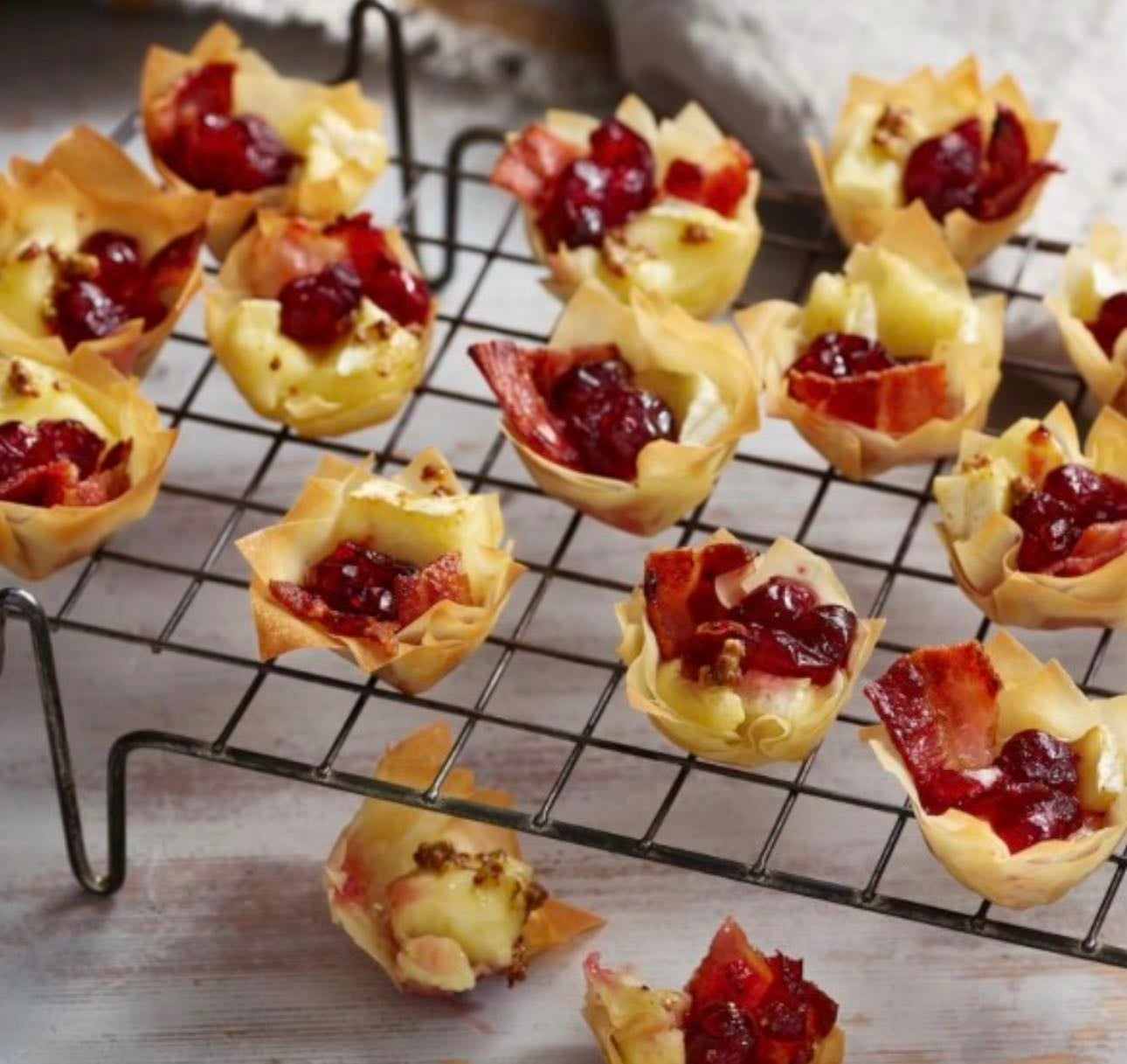 Brie, bacon and cranberry filo bites