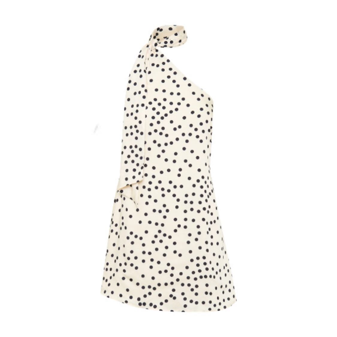 Joan Satin Asymmetrical Mini Dress - Polkadot - $125 USD