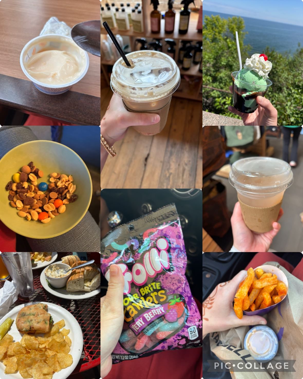 7/8/25 - Breakfast @ 8:00 am:
Yogurt
Celcius
Snack @ 10:00 am:
Oat milk latte
Lunch @ 2:00 pm:
Sandwich
Artichoke dip
Ice cream
Snack @ 6:30 pm:
Trolli
Dinner @ 8:00 pm:
Taco Bell fries
Grilled cheese burrito
Dessert @ 8:30 pm:
Trail mix
