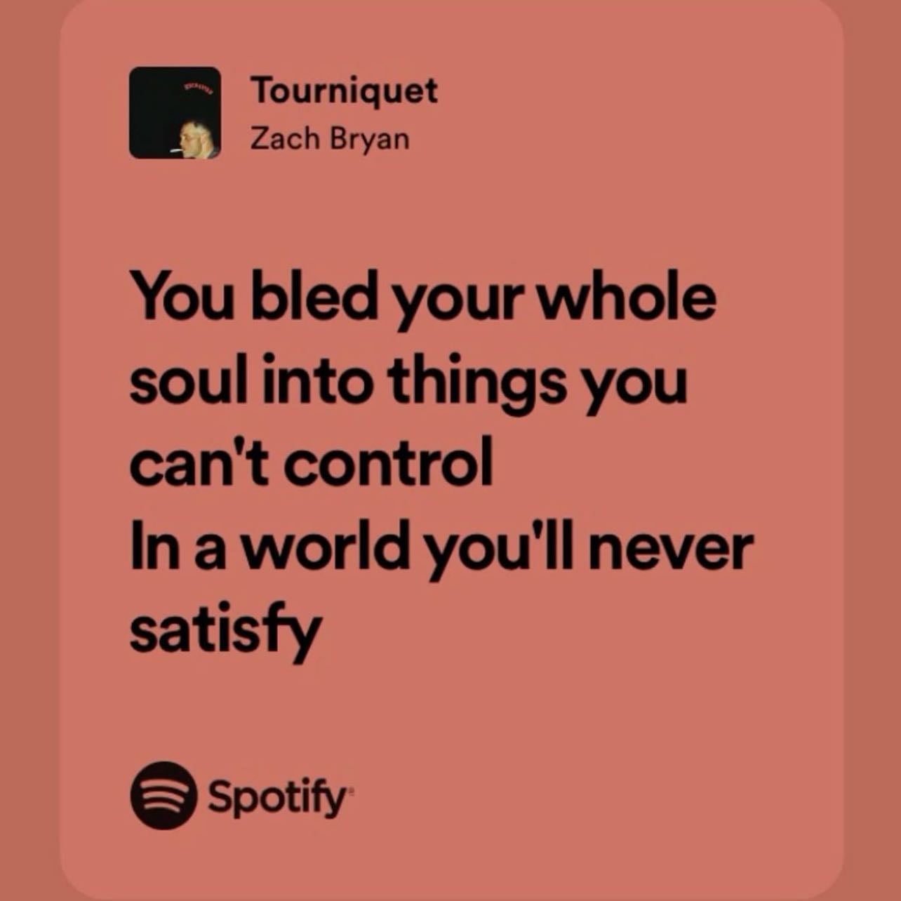 You bled your whole soul into things you can't control In a world you'll never satisfy - ~ Zach Bryan, Tourniquet
